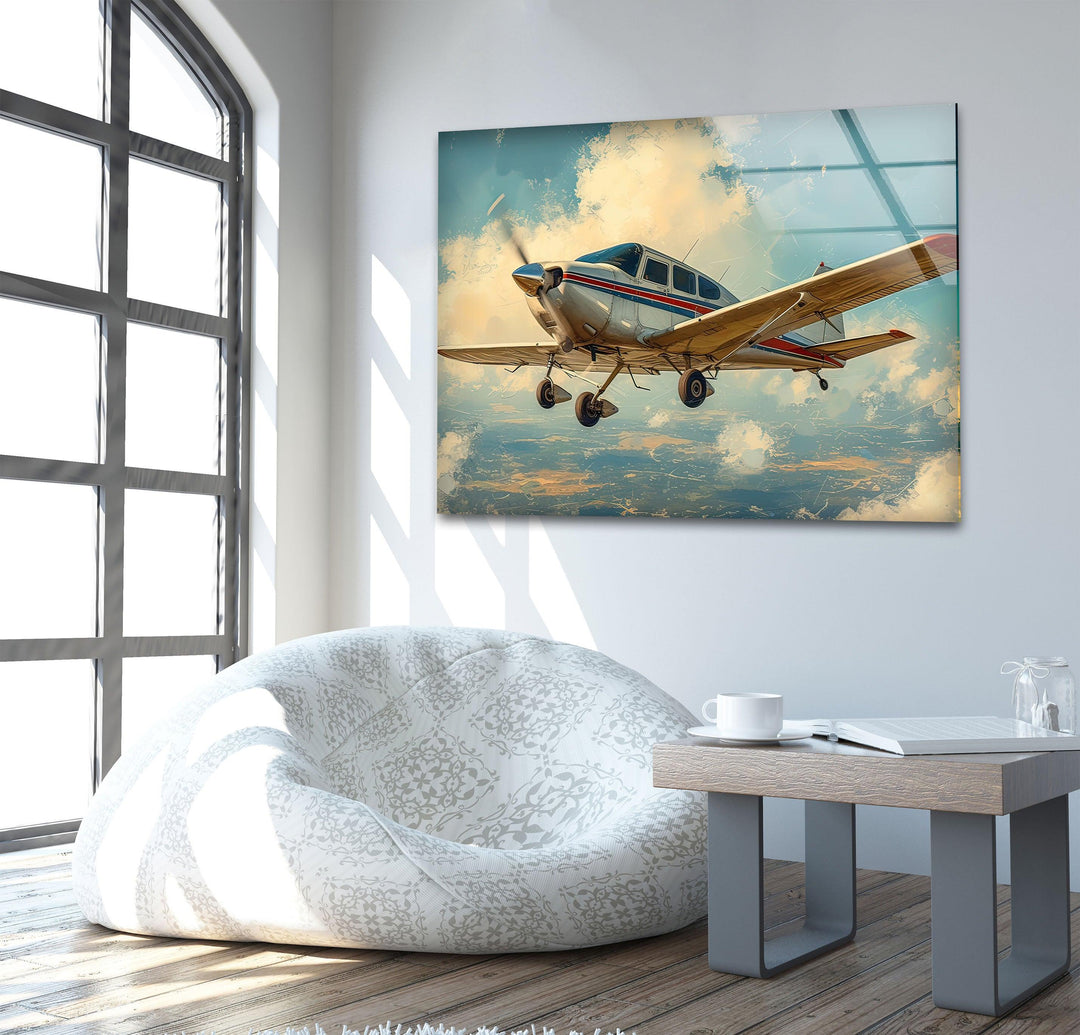 White & Brown Airplane Glass Wall Art glass wall decor, glass wall art decor
