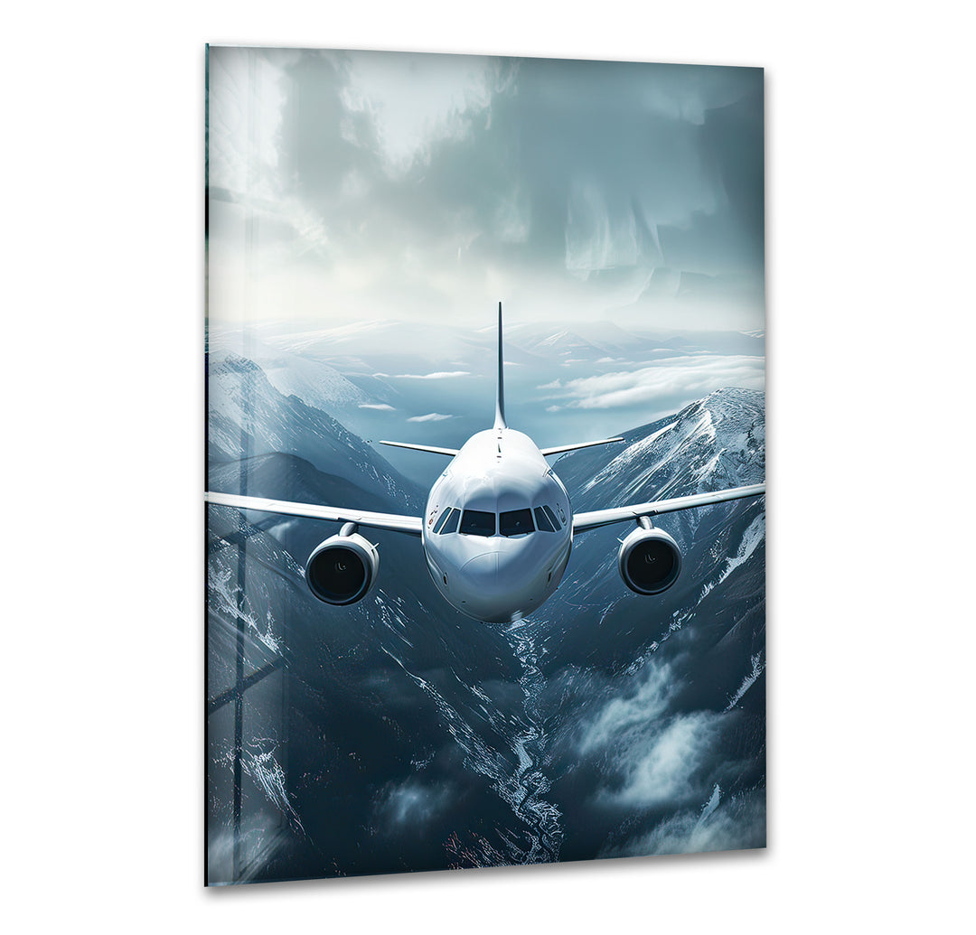 Airplane on Snowy Mountains Glass Wall Art custom glass photo prints, large glass prints
