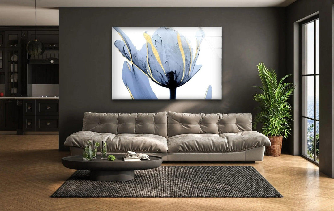 Albert Koetsier Blue Tulip Flower Glass Wall Art, glass pictures for Wall, glass prints wall art