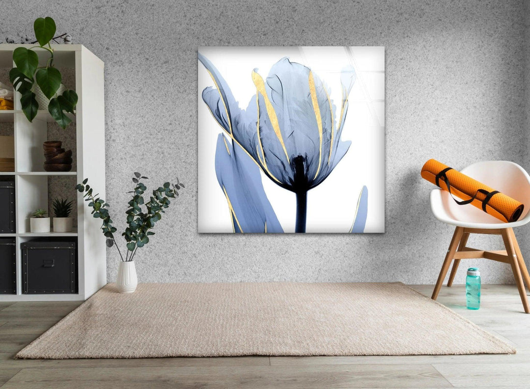 Albert Koetsier Blue Tulip Flower Glass Wall Art, glass art painting, glass art for the Wall