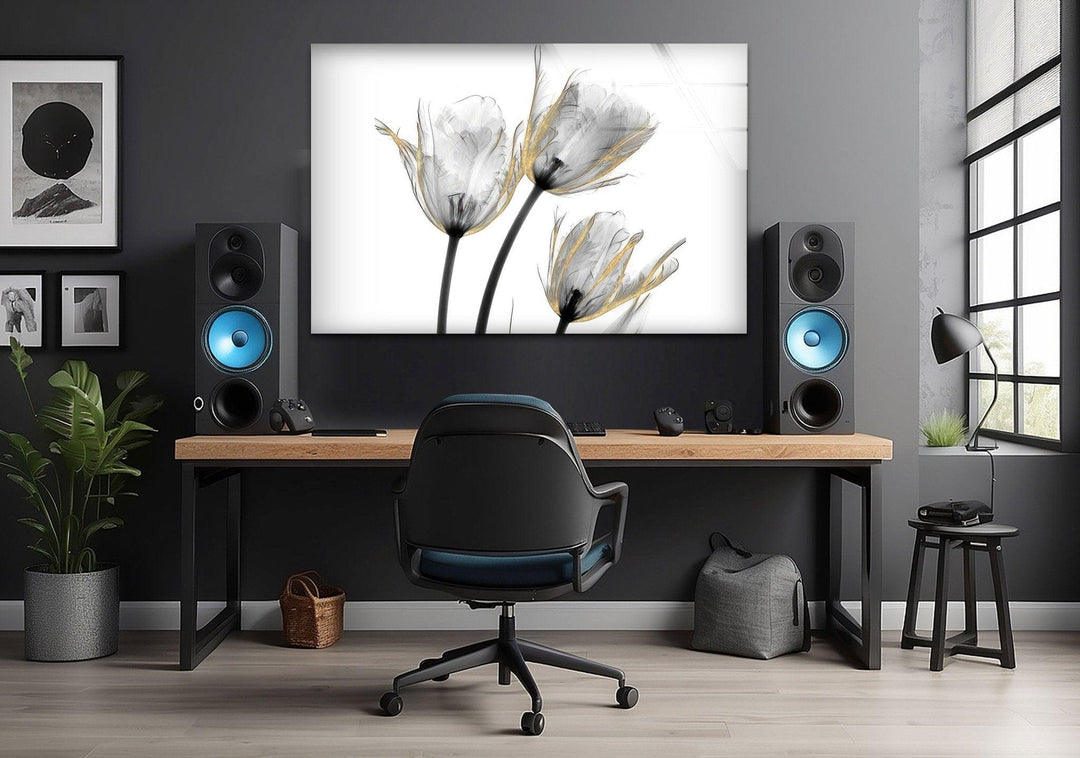 Albert Koetsier Gold Embellished Tulips Glass Wall Art, large glass photo prints, glass wall photos