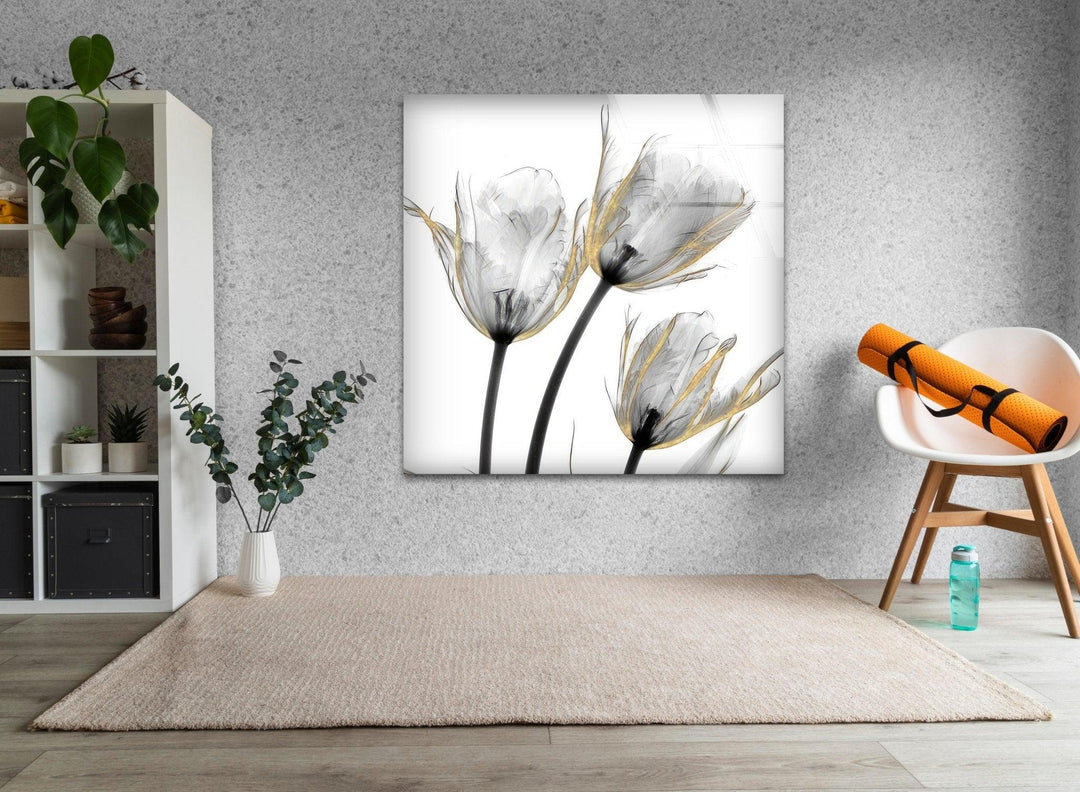 Albert Koetsier Gold Embellished Tulips Glass Wall Art, custom glass pictures, glass art prints