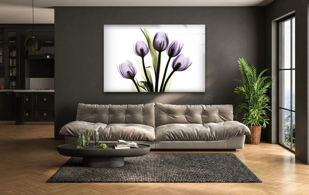 Albert Koetsier Xray Five Tulips In Purple Glass Wall Art, glass wall decor, glass wall art decor