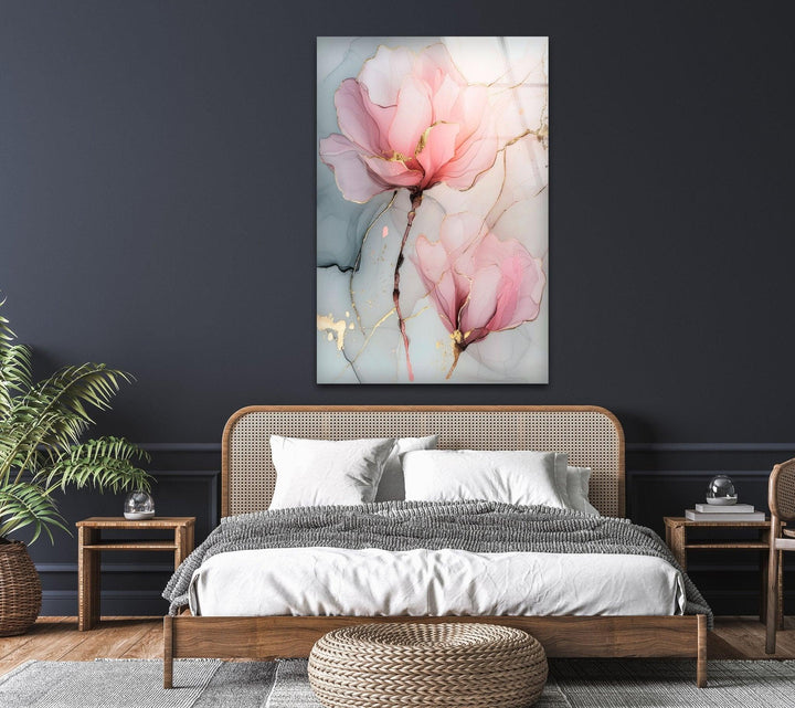 Alcohol Ink Pink Flower Glass Wall Art, glass pictures for Wall, glass prints wall art