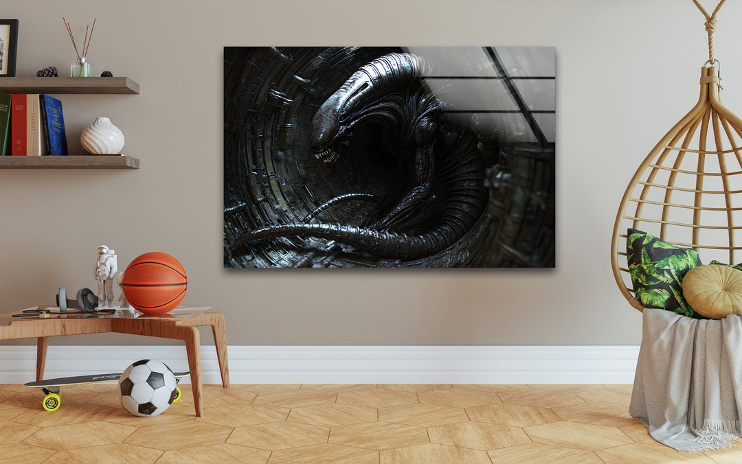 Black Alien Glass Wall Art photo print on glass, prints on glass wall art