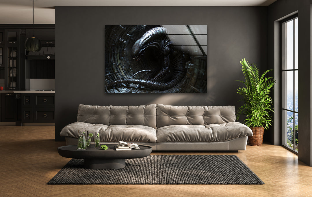 Black Alien Glass Wall Art picture on glass wall art, photos printed on glass