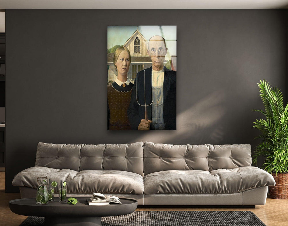 American Gothic Grant Wood Glass Wall Art custom glass pictures, glass art prints
