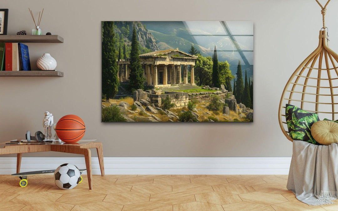 Ancient Greek Temple Glass Wall Art, picture on glass wall art, photos printed on glass