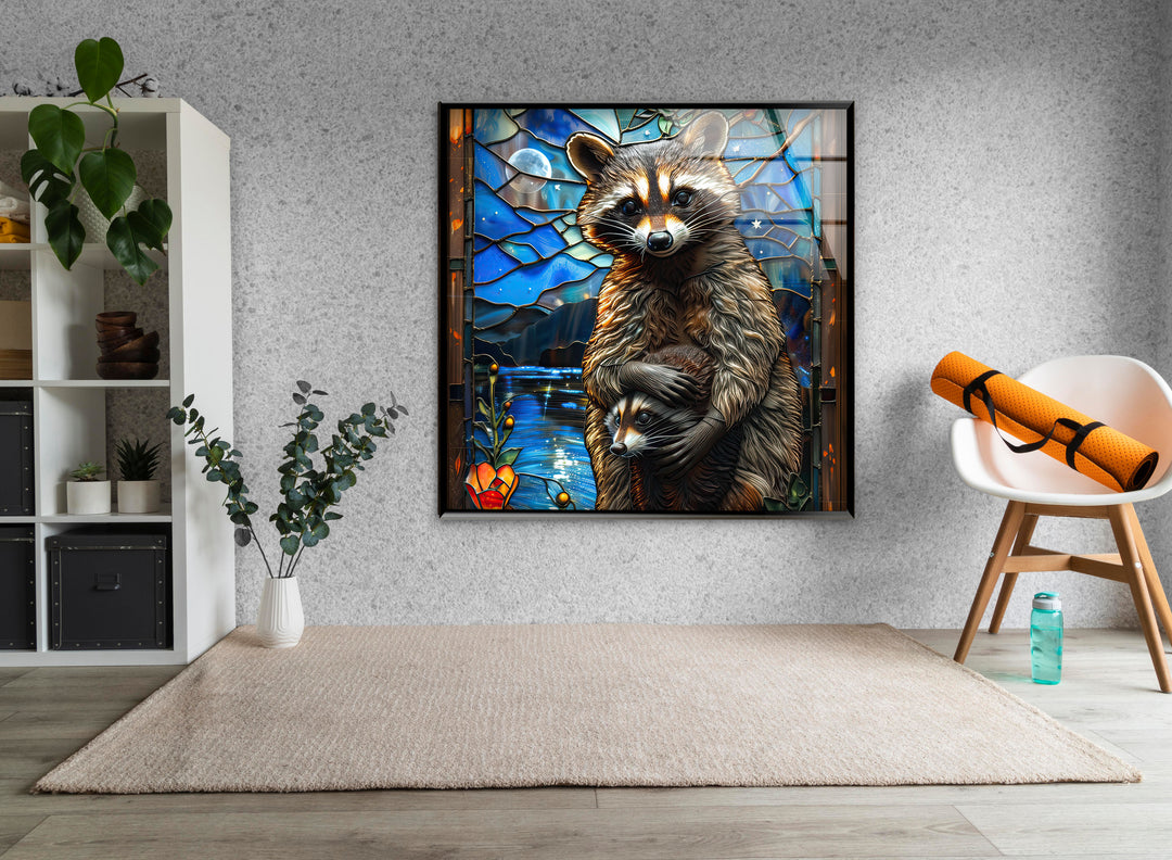 Raccoon Glass Wall Art custom glass pictures, glass art prints
