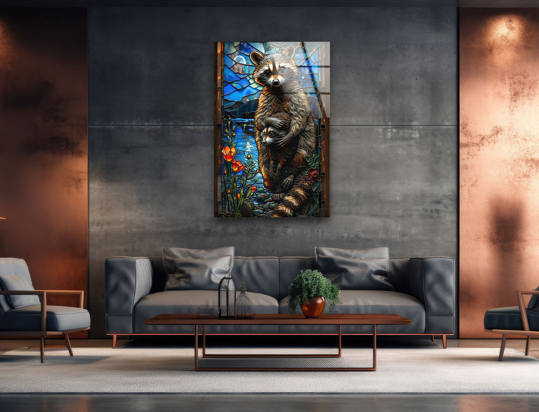 Raccoon Glass Wall Art custom glass photo prints, large glass prints
