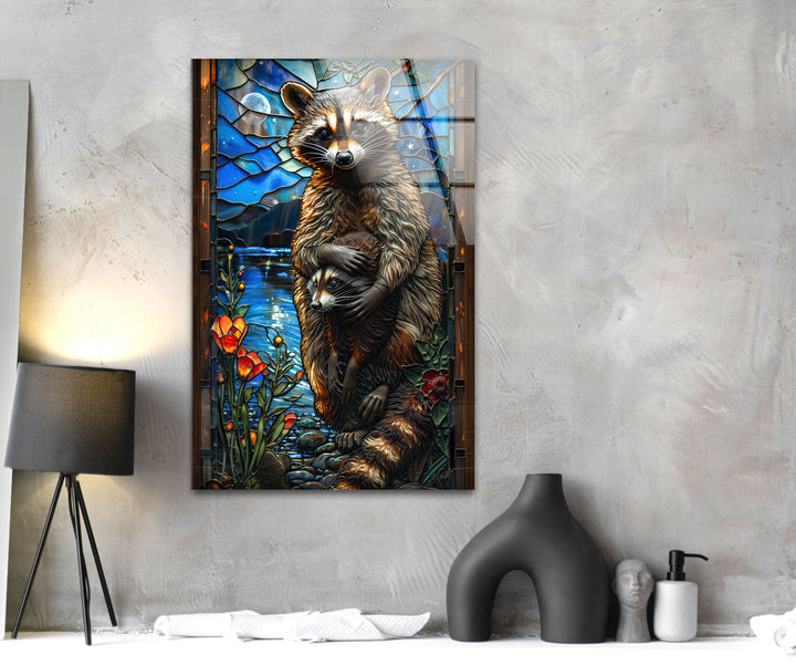 Raccoon Glass Wall Art picture on glass wall art, photos printed on glass
