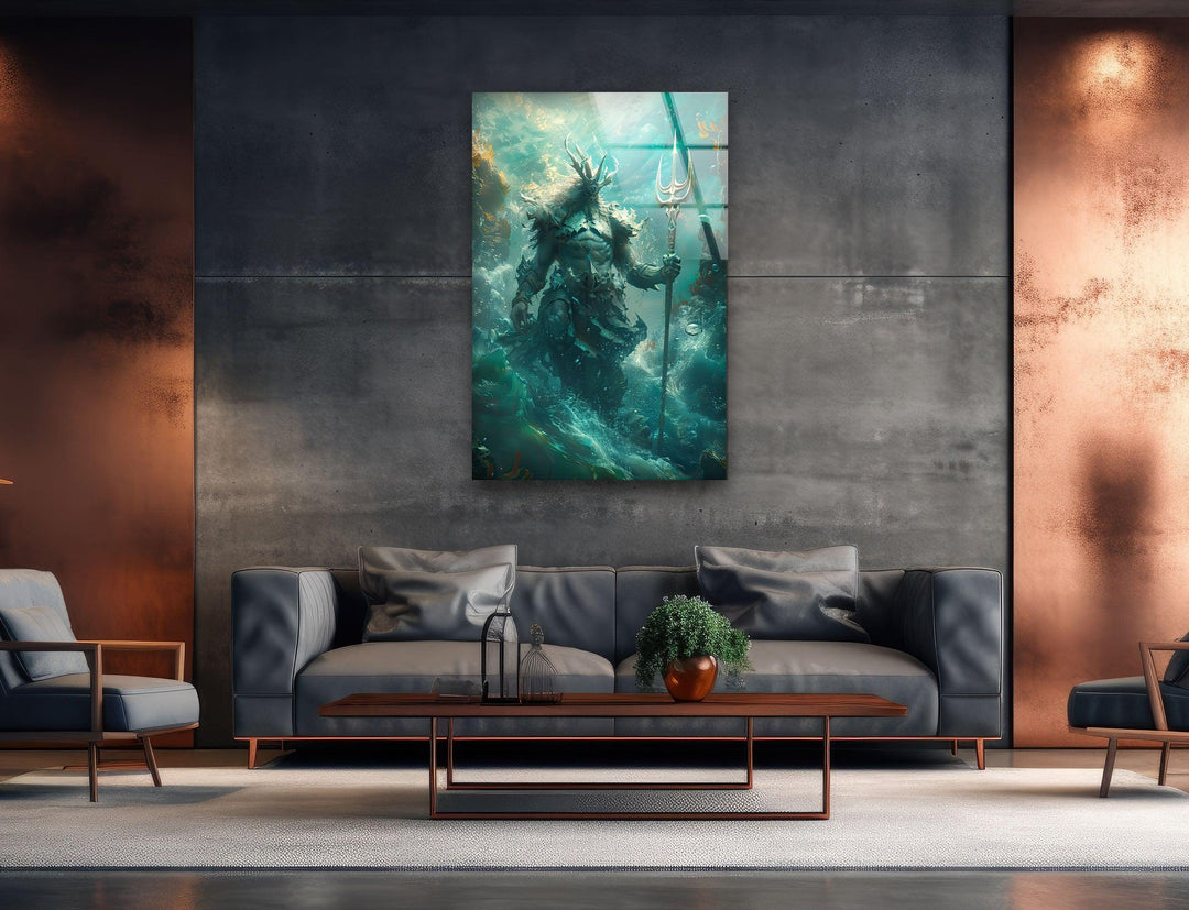 Poseidon God Glass Wall Art custom glass photo prints, large glass prints
