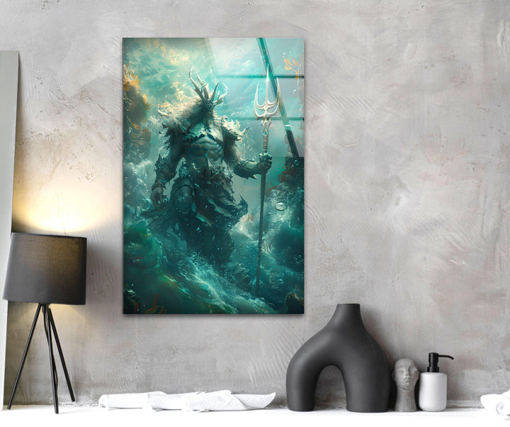 Poseidon God Glass Wall Art picture on glass wall art, photos printed on glass
