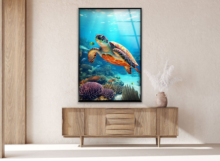 Aquatic Turtle Glass Wall Art picture on glass wall art, photos printed on glass