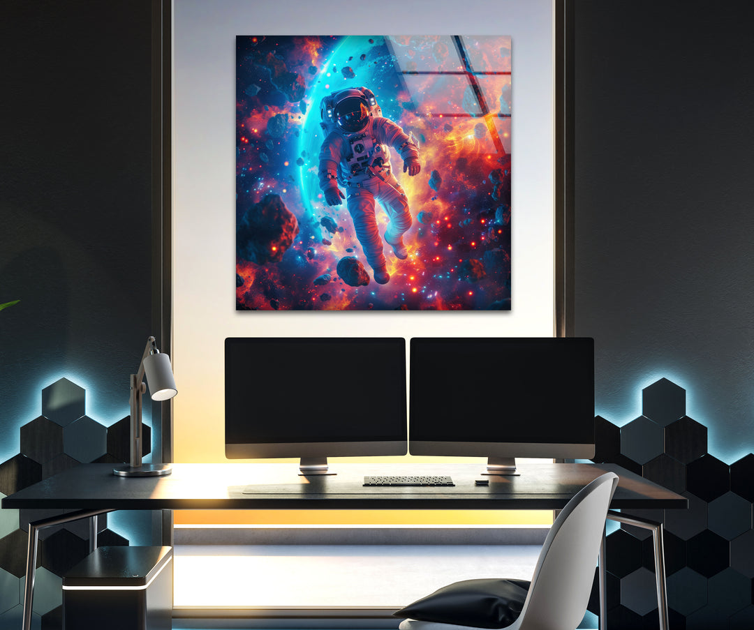 Astronaut in Colored Space Glass Wall Art Glass Printing Wall Art, Print photos on glass
