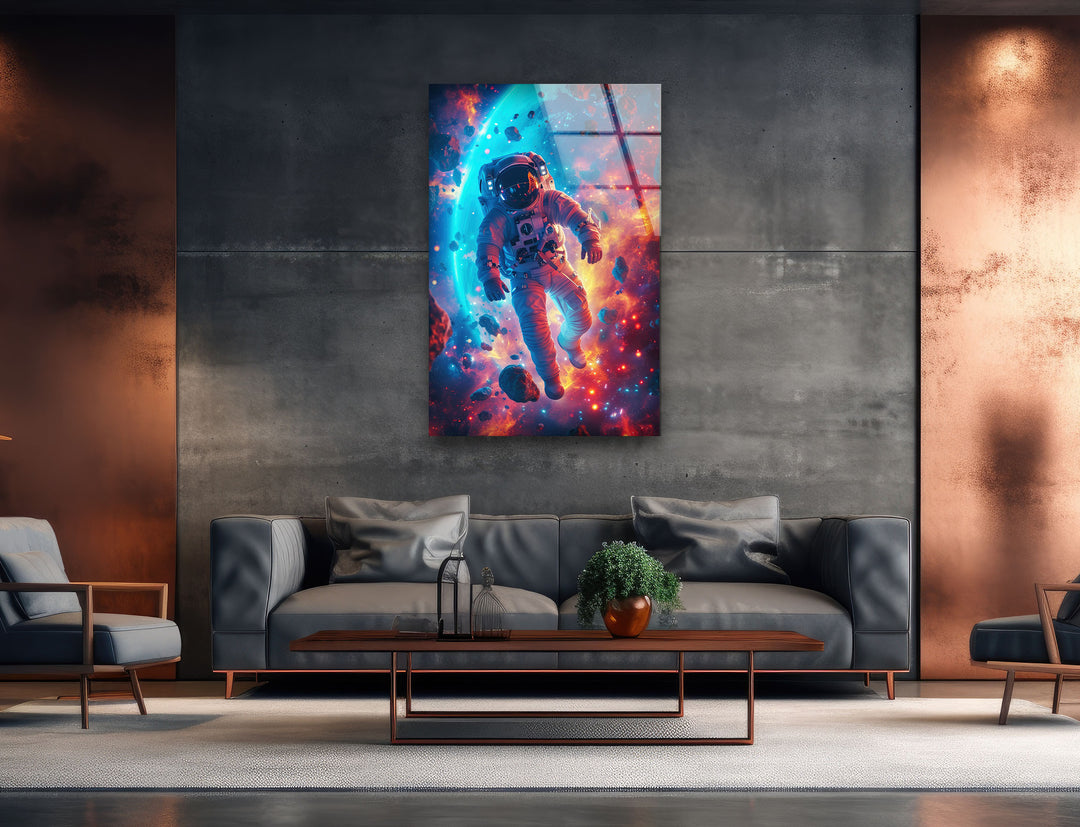 Astronaut in Colored Space Glass Wall Art glass image printing, glass prints from photos
