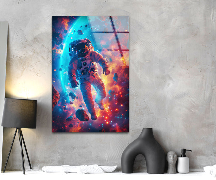 Astronaut in Colored Space Glass Wall Art glass pictures for Wall, glass prints wall art
