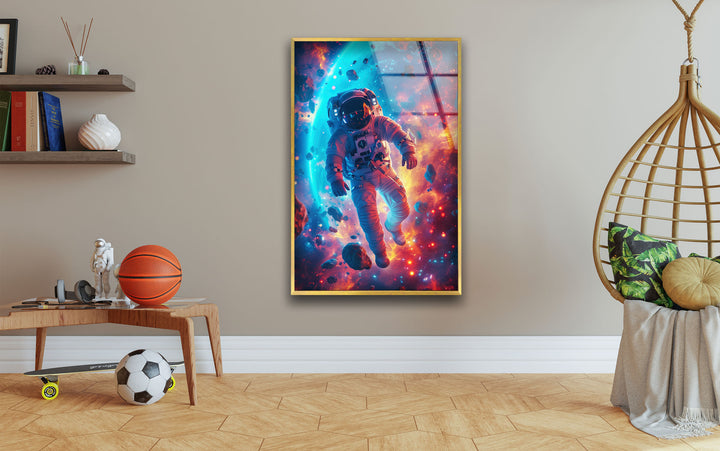 Astronaut in Colored Space Glass Wall Art print picture on glass, Tempered Glass Wall Art
