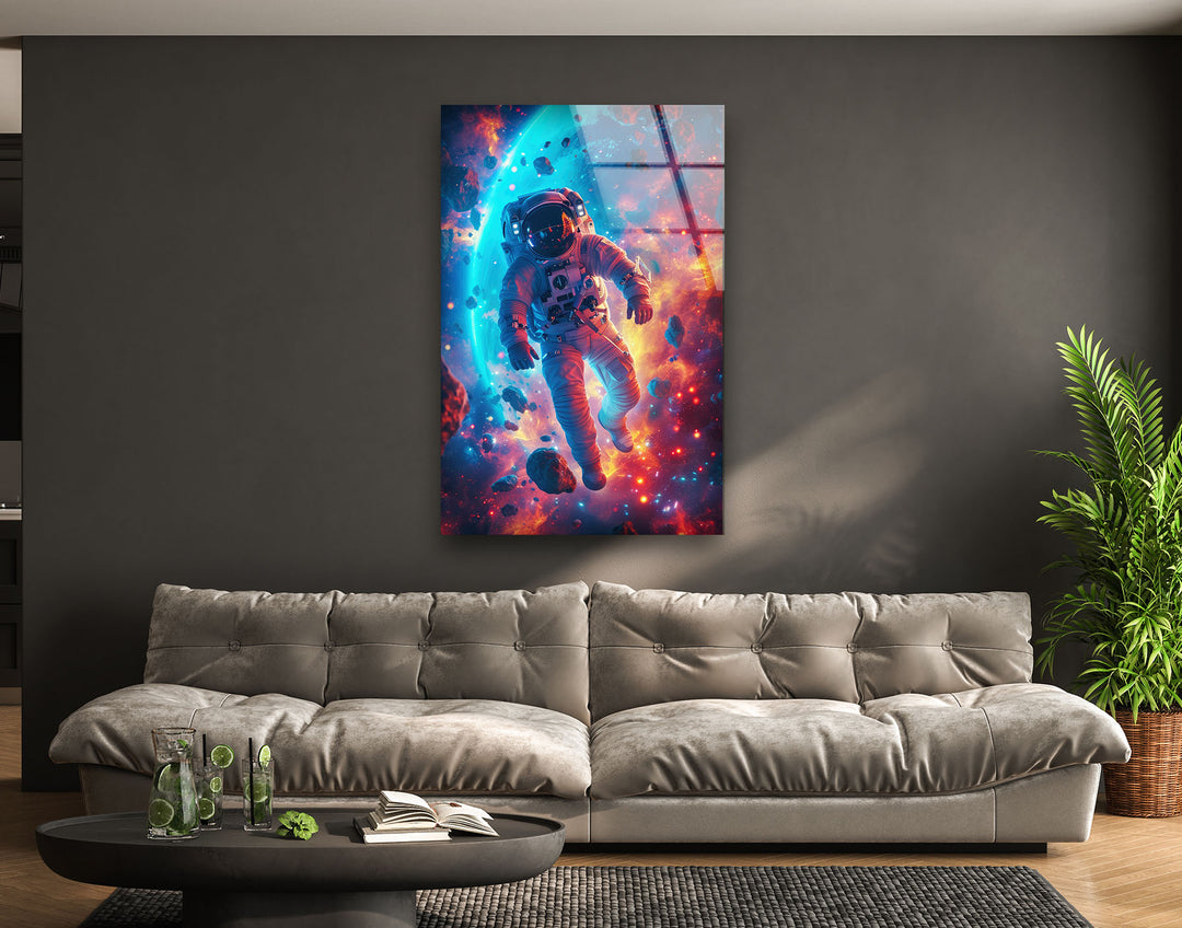 Astronaut in Colored Space Glass Wall Art print on glass, glass printed photos
