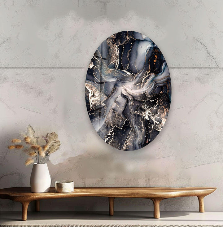 Asymmetric Oval Black Smokey Design Glass Wall Art Glass Printing Wall Art, Print photos on glass
