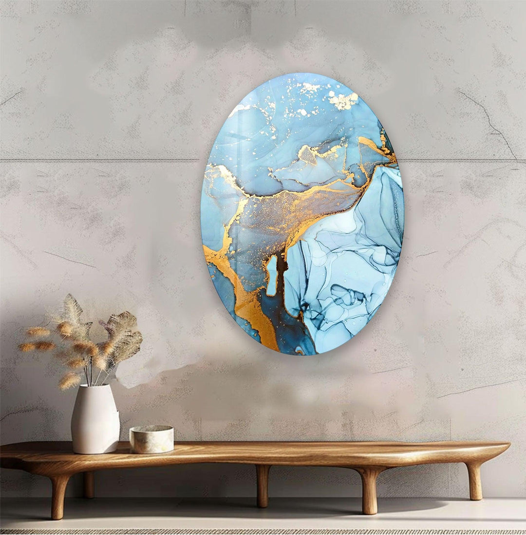 Asymmetric Oval Blue Marble Abstract Glass Wall Art custom glass photo prints, large glass prints
