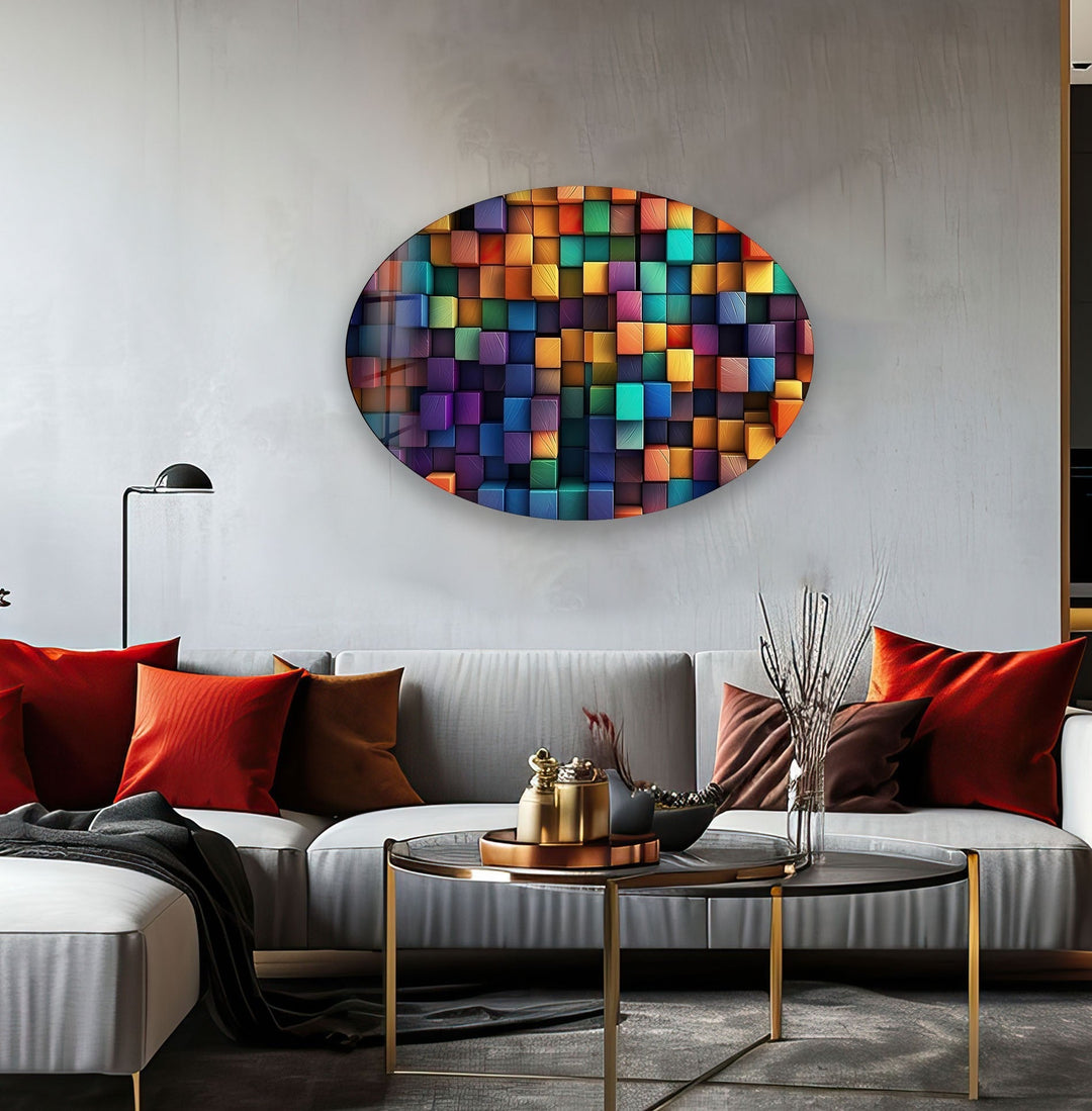 Asymmetric Oval Colored Cubes Glass Wall Art glass pictures for Wall, glass prints wall art
