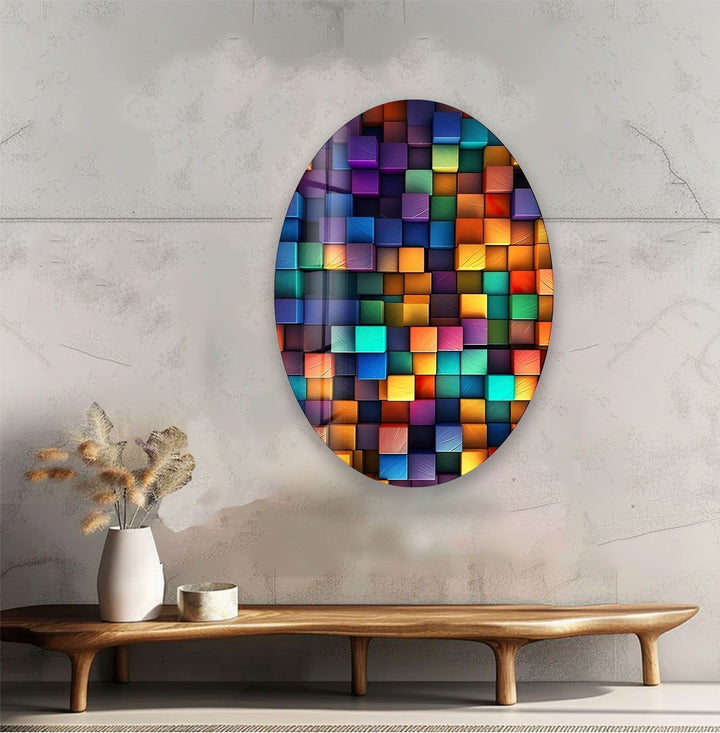 Asymmetric Oval Colored Cubes Glass Wall Art photo print on glass, prints on glass wall art
