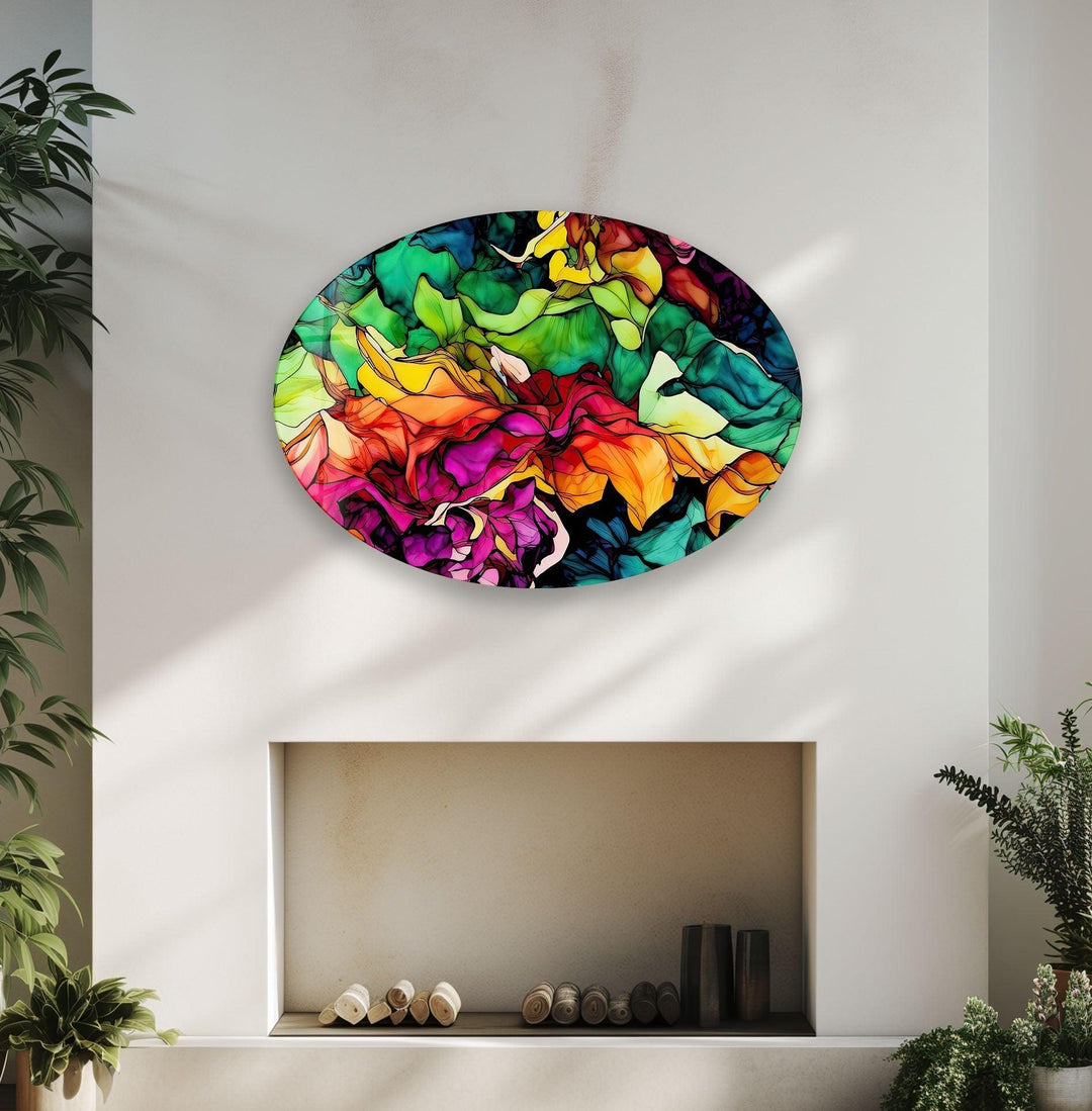 Asymmetric Oval Colored Flowers Glass Wall Art large glass photo prints, glass wall photos
