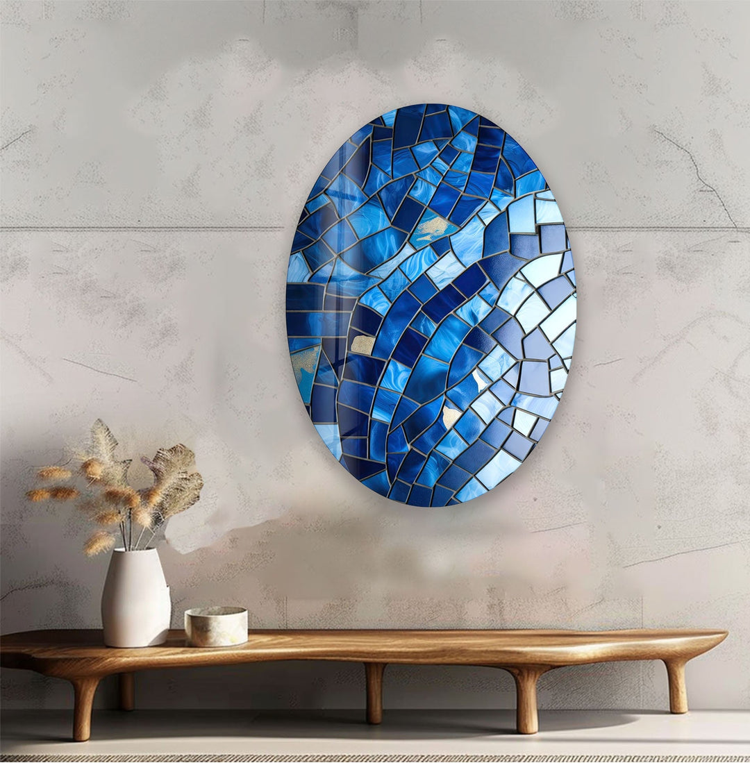 Asymmetric Oval Mosaic Blue Stones Glass Wall Art glass photo prints, glass picture prints
