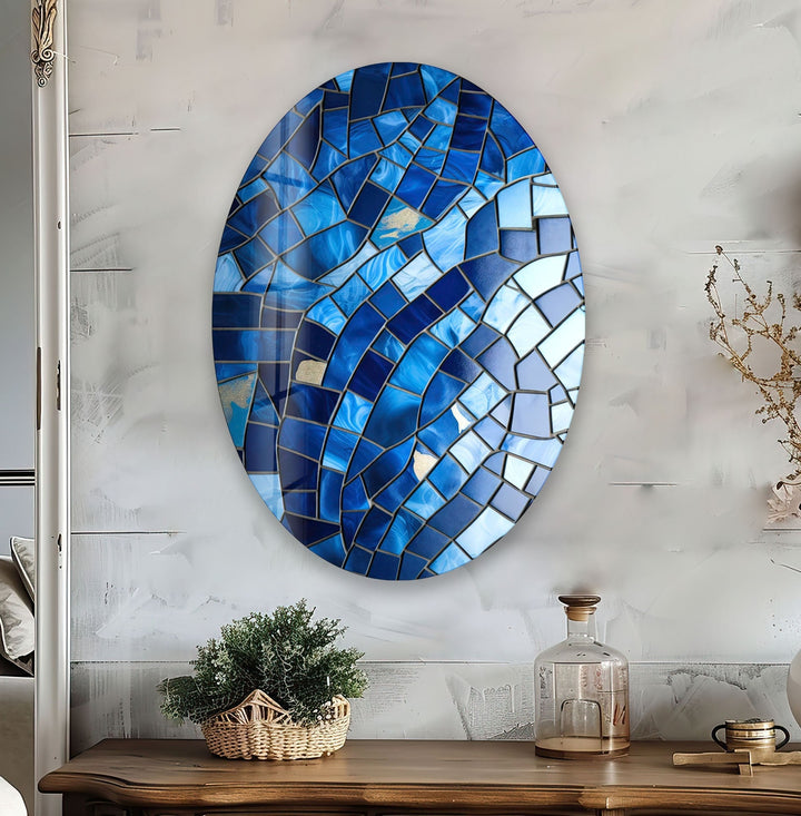 Asymmetric Oval Mosaic Blue Stones Glass Wall Art glass pictures for Wall, glass prints wall art
