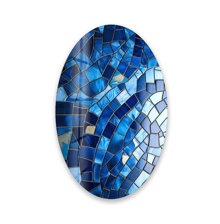 Asymmetric Oval Mosaic Blue Stones Glass Wall Art custom glass pictures, glass art prints
