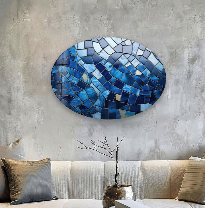 Asymmetric Oval Mosaic Blue Stones Glass Wall Art glass image printing, glass prints from photos
