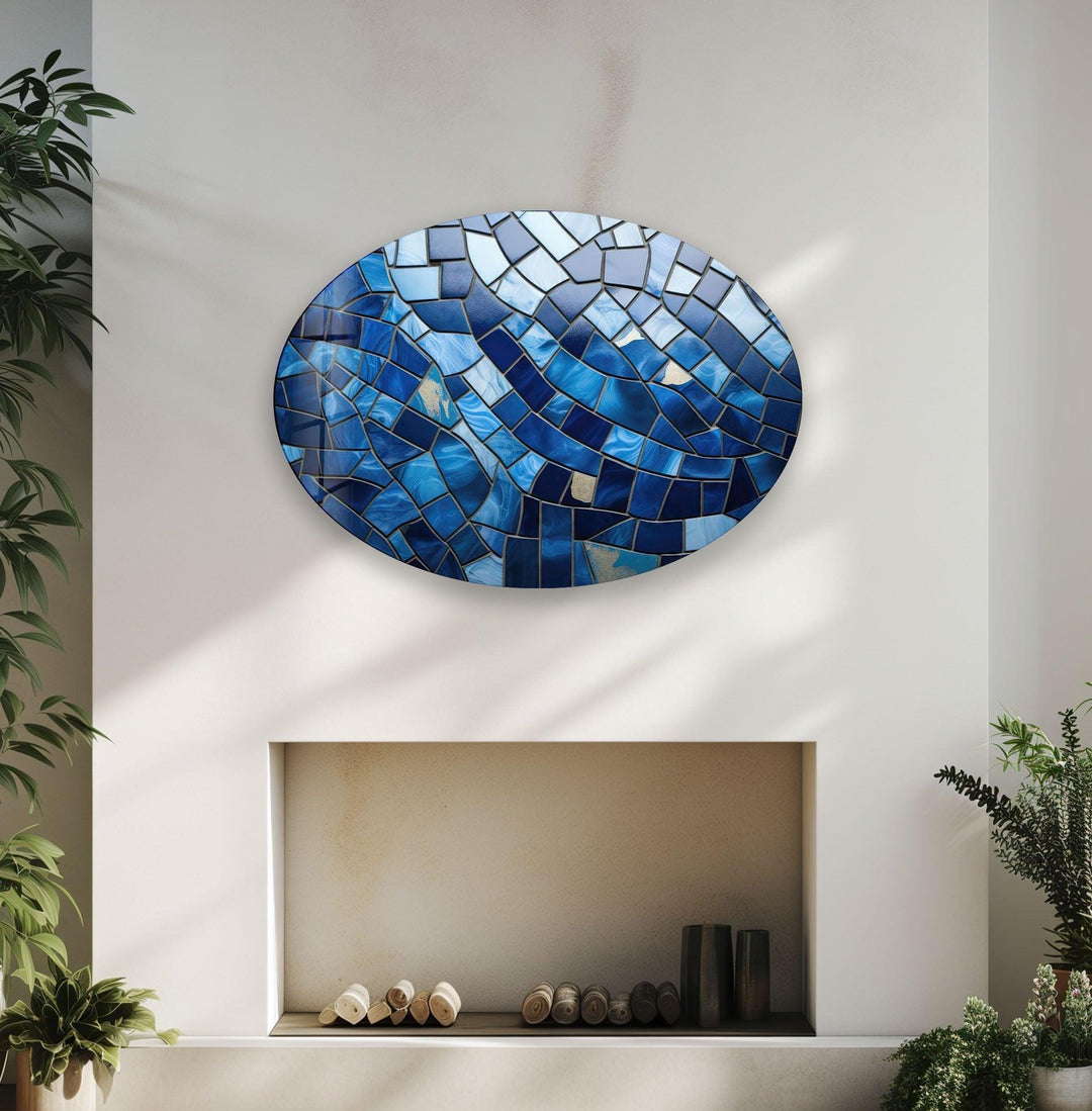 Asymmetric Oval Mosaic Blue Stones Glass Wall Art Glass Printing Wall Art, Print photos on glass
