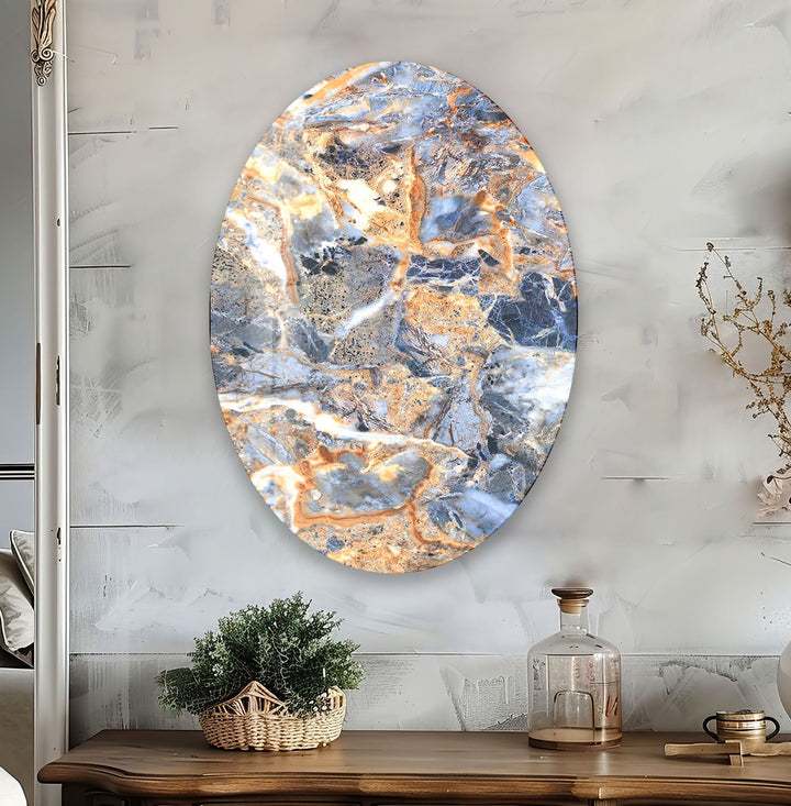 Asymmetric Oval Orange & Blue Marble Glass Wall Art Glass Printing Wall Art, Print photos on glass
