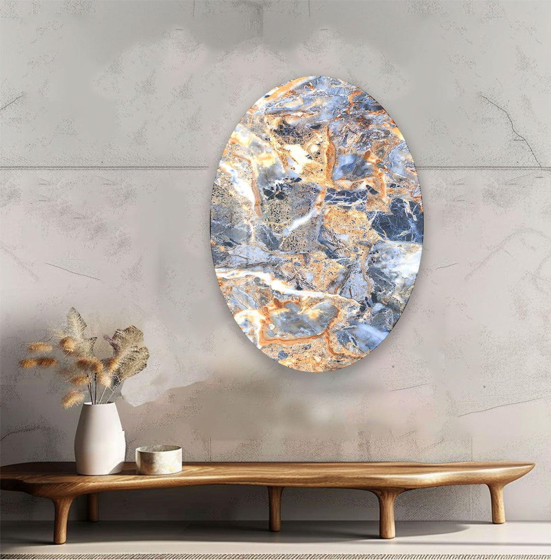 Asymmetric Oval Orange & Blue Marble Glass Wall Art glass pictures for Wall, glass prints wall art
