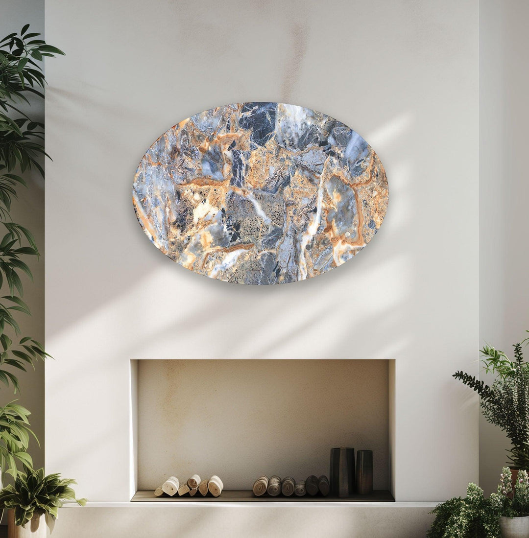 Asymmetric Oval Orange & Blue Marble Glass Wall Art glass image printing, glass prints from photos
