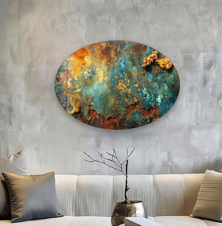 Asymmetric Oval Rusty Abstract Glass Wall Art picture on glass wall art, photos printed on glass
