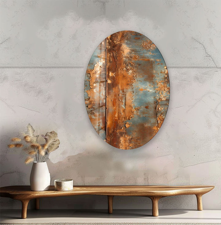 Asymmetric Oval Rusty Metal Glass Wall Art print picture on glass, Tempered Glass Wall Art
