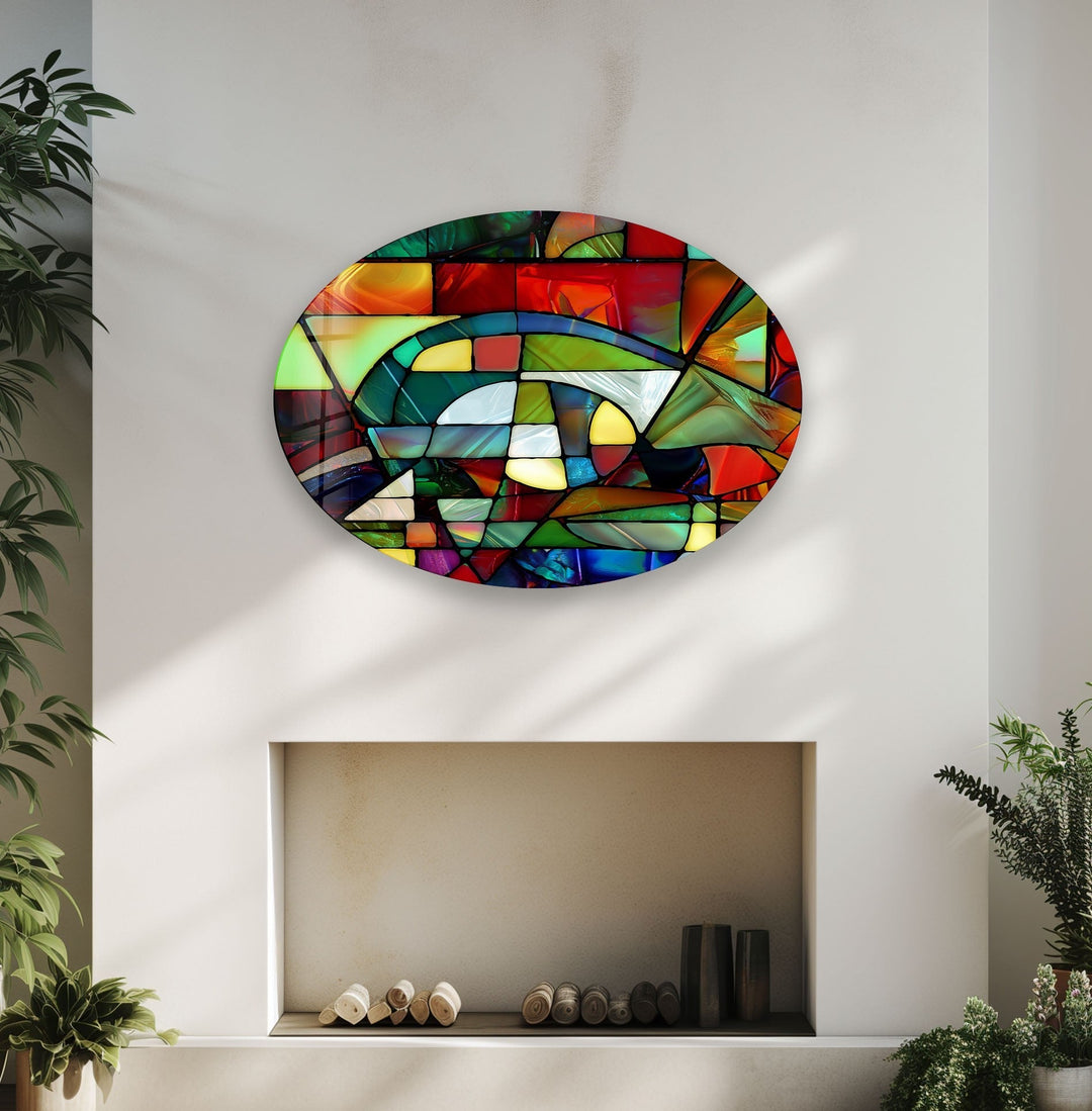 Asymmetric Oval Stained Geometrics Glass Wall Art glass art painting, glass art for the Wall
