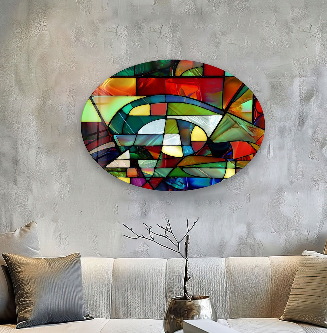 Asymmetric Oval Stained Geometrics Glass Wall Art Glass Printing Wall Art, Print photos on glass
