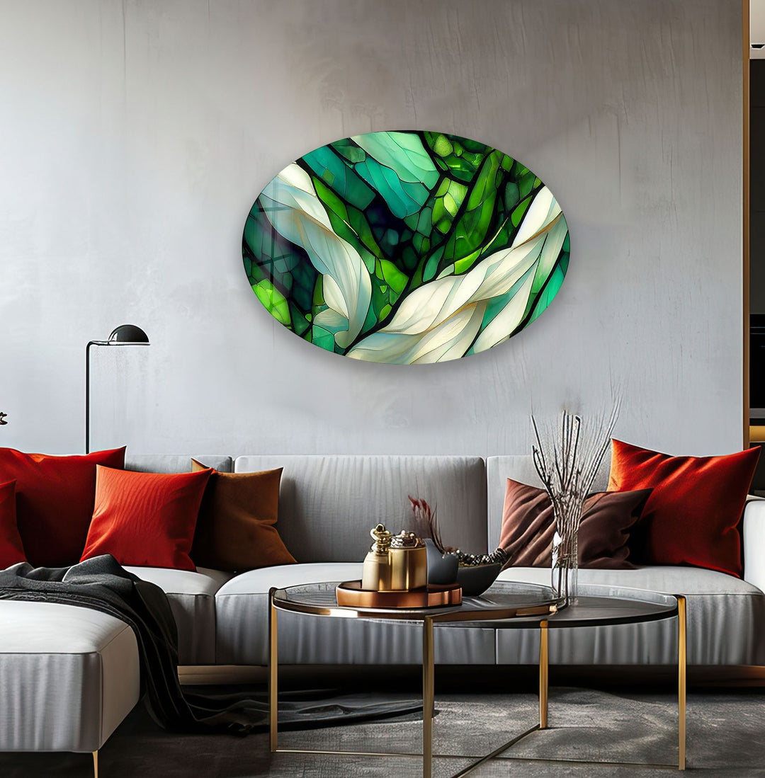 Asymmetric Oval Stained Green Fractal Glass Wall Art glass wall decor, glass wall art decor
