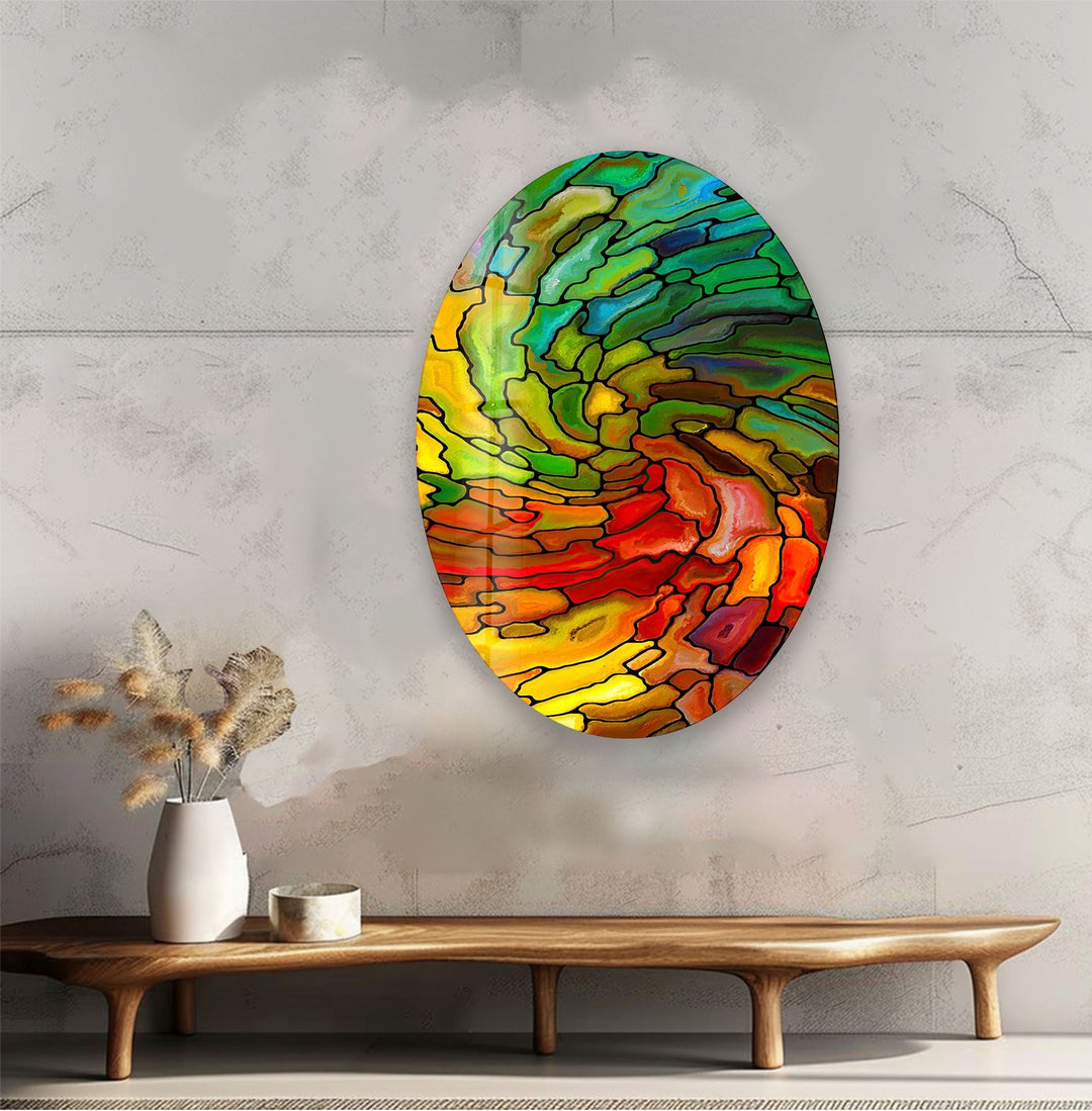 Asymmetric Oval Stained Geometrics Glass Wall Art picture on glass wall art, photos printed on glass
