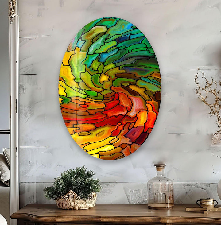 Asymmetric Oval Stained Geometrics Glass Wall Art photo print on glass, prints on glass wall art
