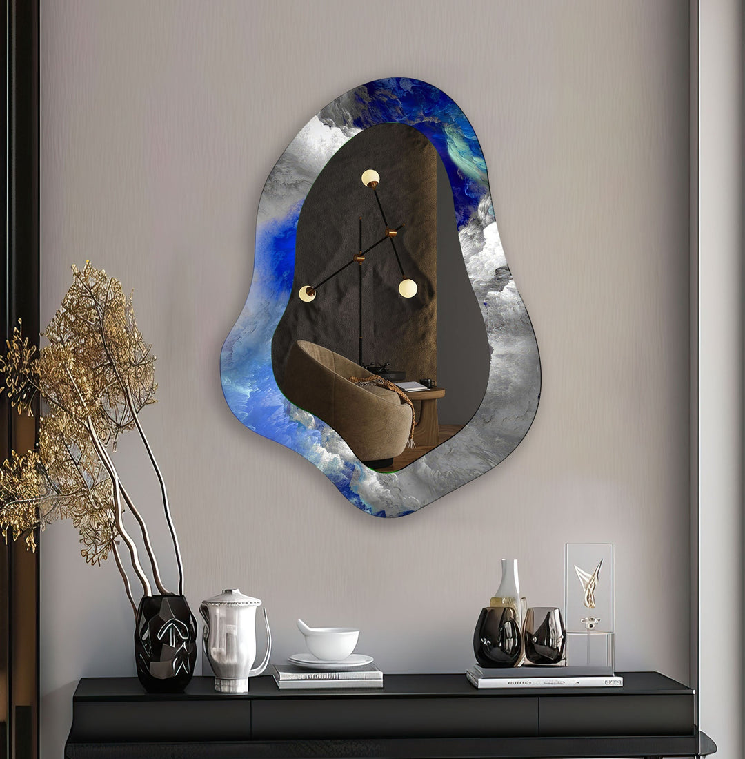 Asymmetrical Blue Abstract Glass Wall Mirror