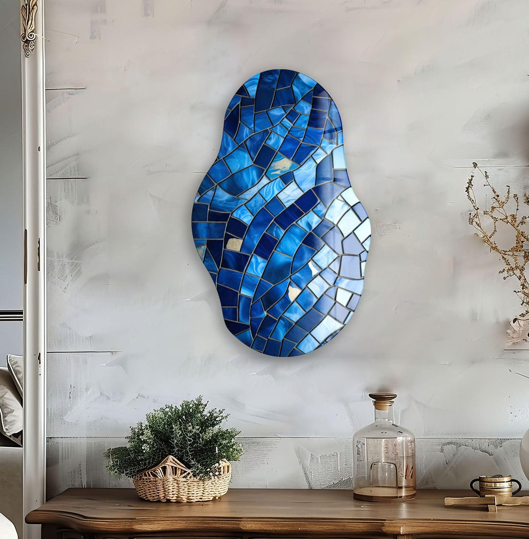 Asymmetrical Blue Mosaic Glass Wall Art photo print on glass, prints on glass wall art
