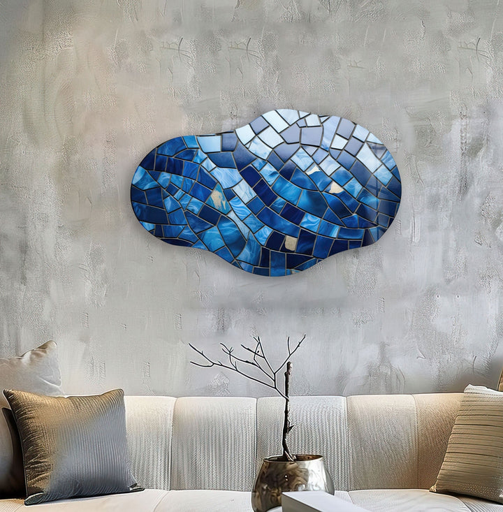 Asymmetrical Blue Mosaic Glass Wall Art large glass photo prints, glass wall photos
