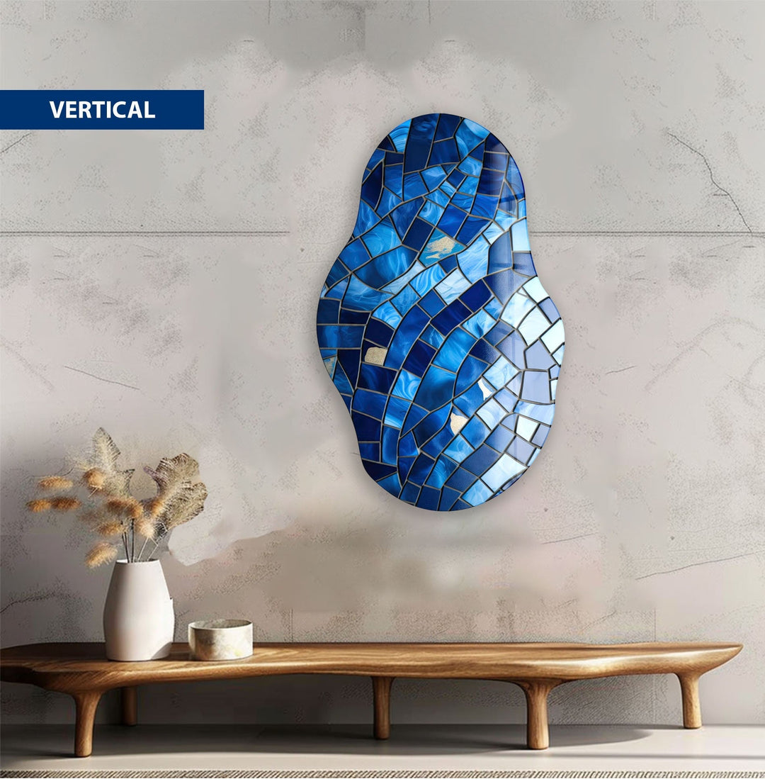 Asymmetrical Blue Mosaic Glass Wall Art  glass pictures for Wall, glass prints wall art
