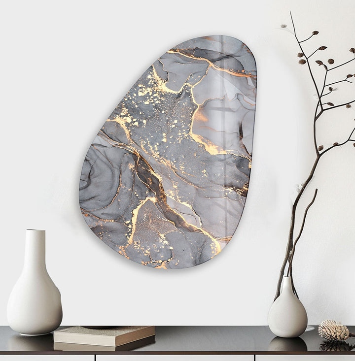 Asymmetrical Oval Abstract Black & Golden Glass Wall Art glass wall decor, glass wall art decor
