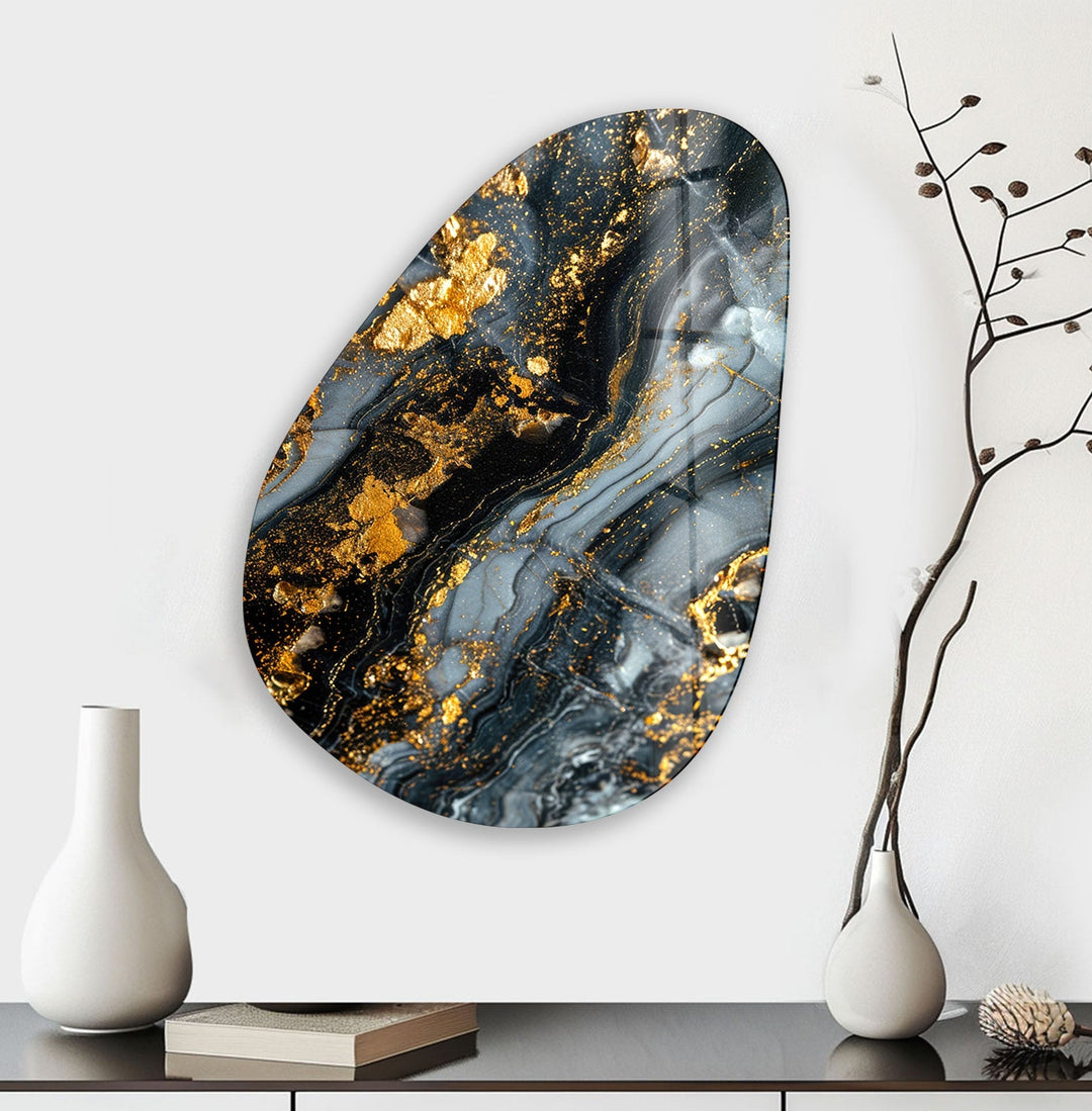 Asymmetrical Oval Black Golden Details Glass Wall Art stained glass wall art, stained glass wall decor
