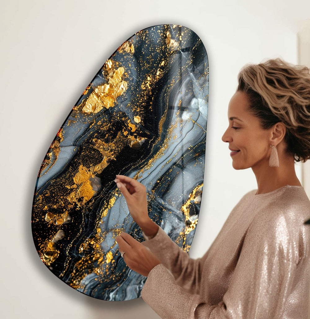 Asymmetrical Oval Black Golden Details Glass Wall Art glass art painting, glass art for the Wall
